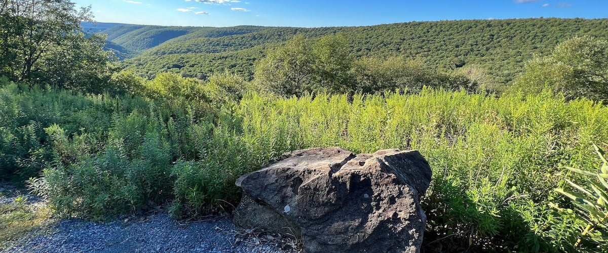A rocky outcrop in a lush green valley with a clear blue sky.