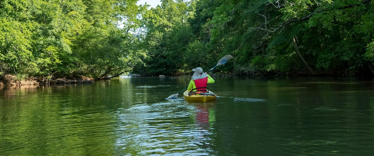 A kayaker in a yellow kayak on a calm river surrounded by dense green foliage.
