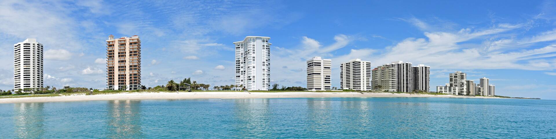 Beautiful panorama of the Singer Island, Florida skyline and Atlantic Ocean in the West Palm Beach area of South Florida.
