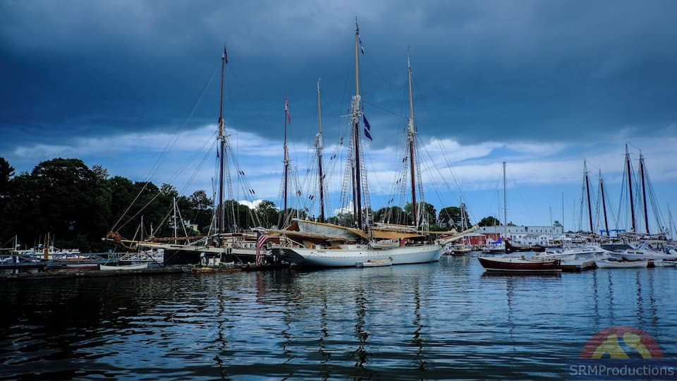 A marina with multiple sailboats docked under a cloudy sky.