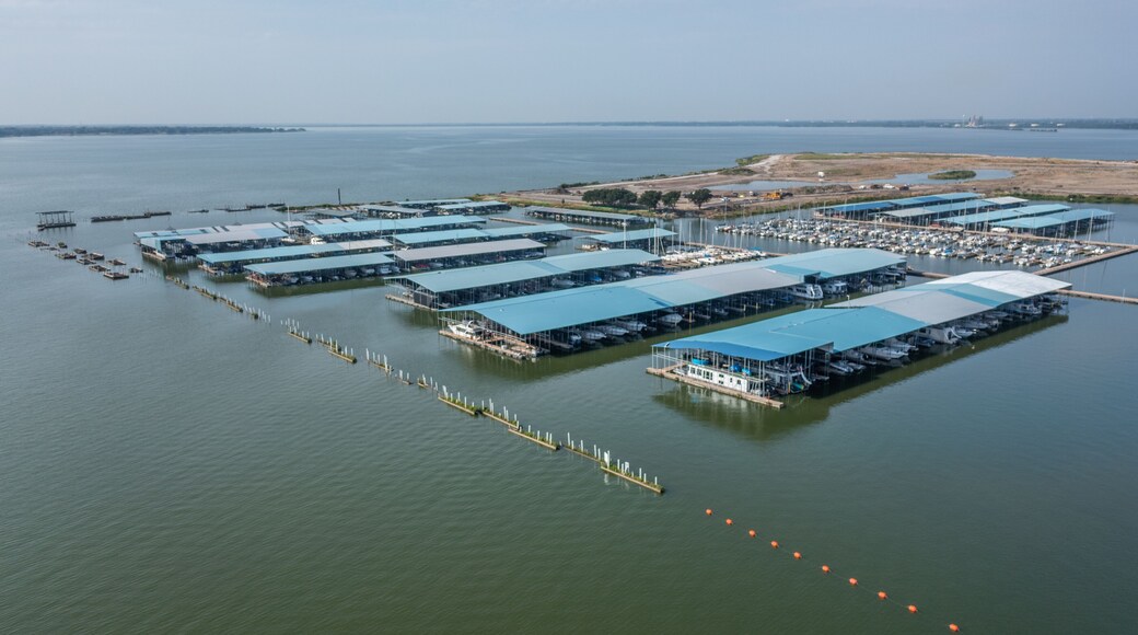 Large Boat Docks and Buildings on Lake in Harbor of Rockwall, Texas
