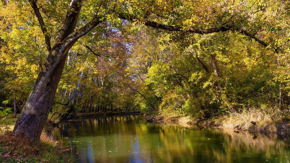A calm river surrounded by autumn foliage.