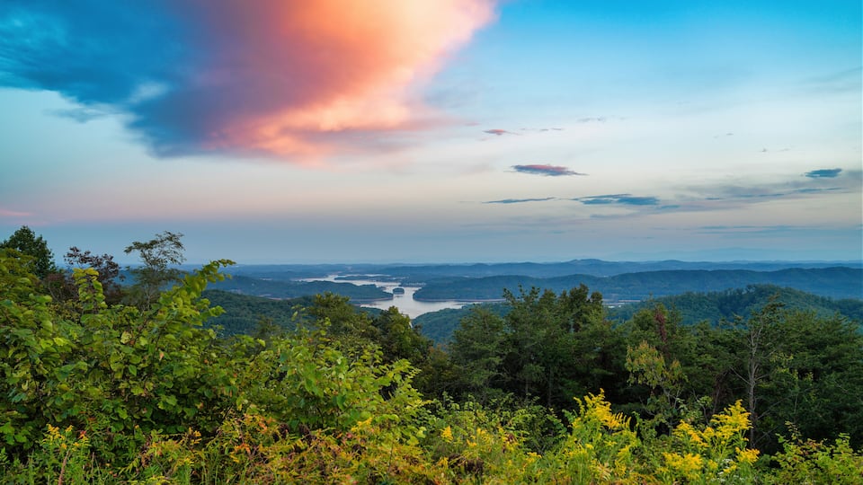A mountainous landscape with dense green foliage and a river in the distance.