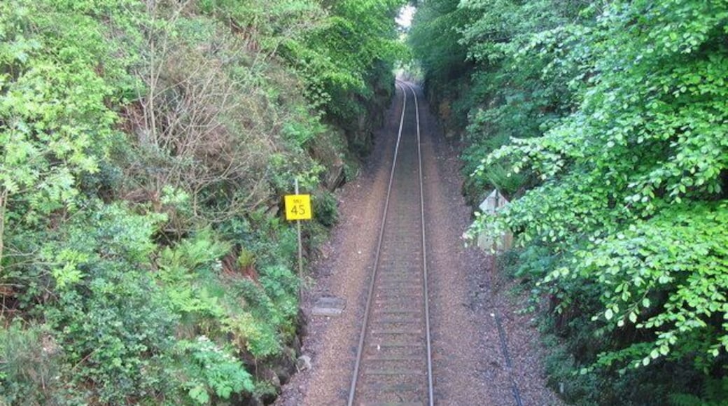 The West Highland Line at Torr. A view looking southeast from the bridge at Torr, along the West Highland railway line as it descends through a deep cutting towards Helensburgh.