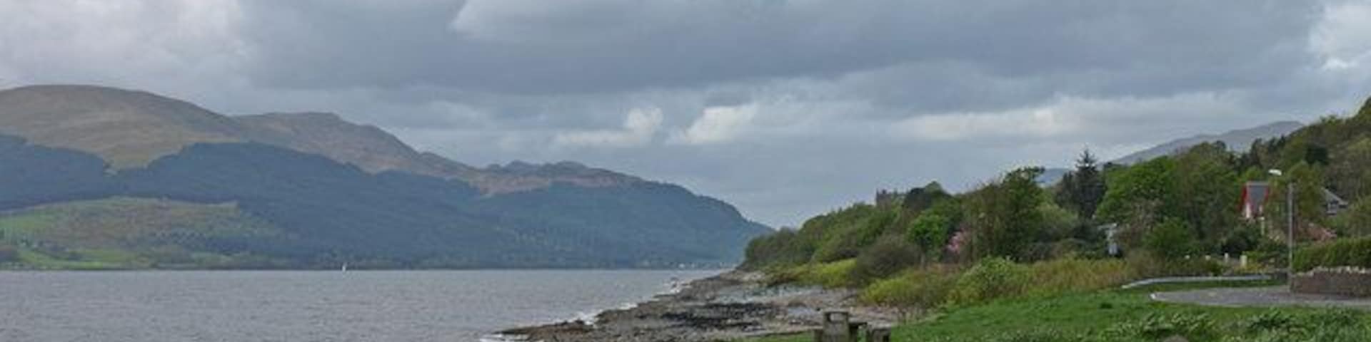Picnic area, Cove Looking over Loch Long to Cowal peninsula. The car park here is honeycomb concrete with the grass growing through.