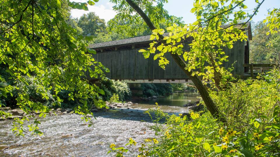 A wooden covered bridge over a river, surrounded by lush greenery and trees.