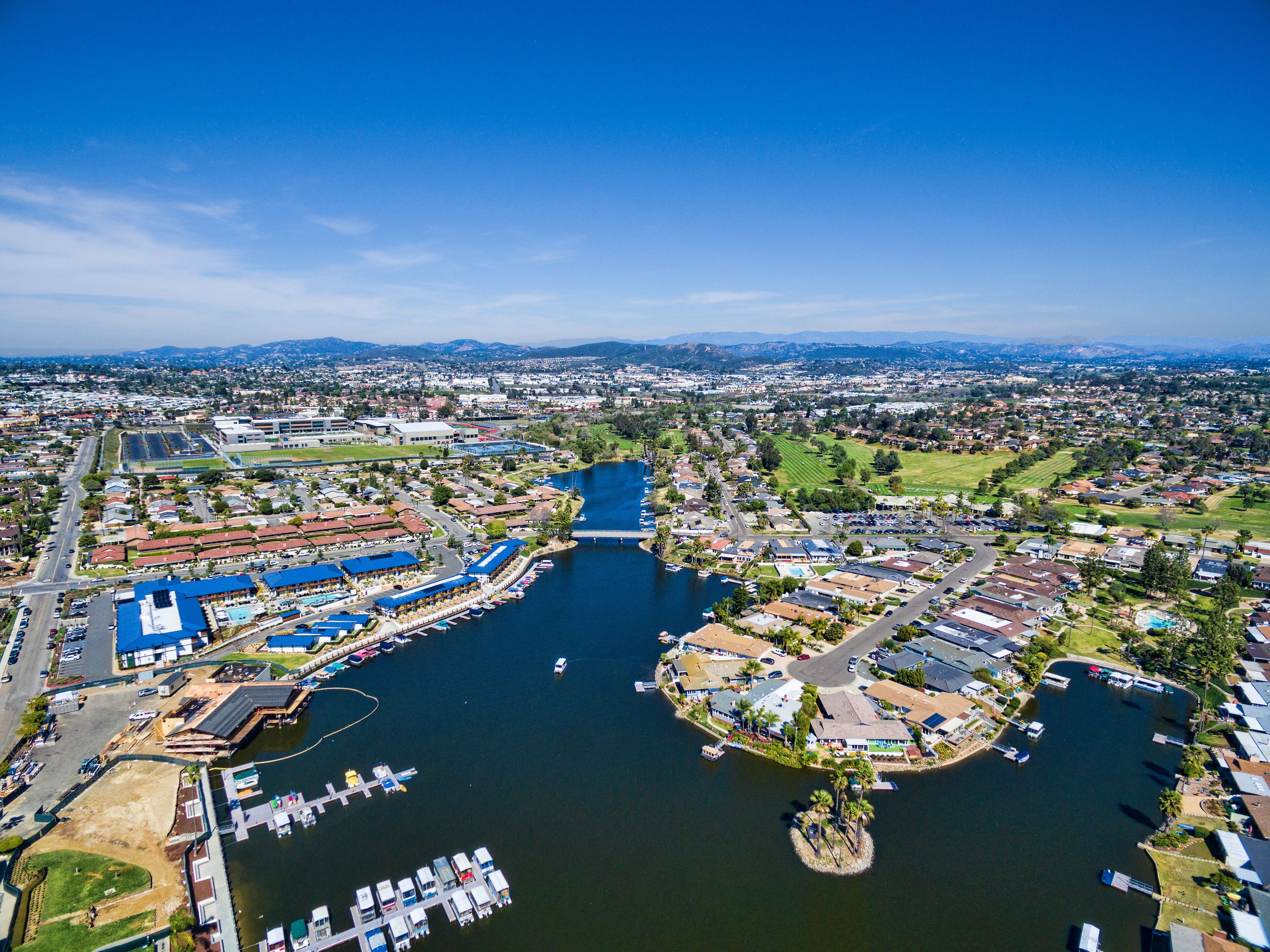 Lake San Marcos, San Marcos, California, USA. This is an aerial 8 image panoramic. San Marcos is in North County San Diego.