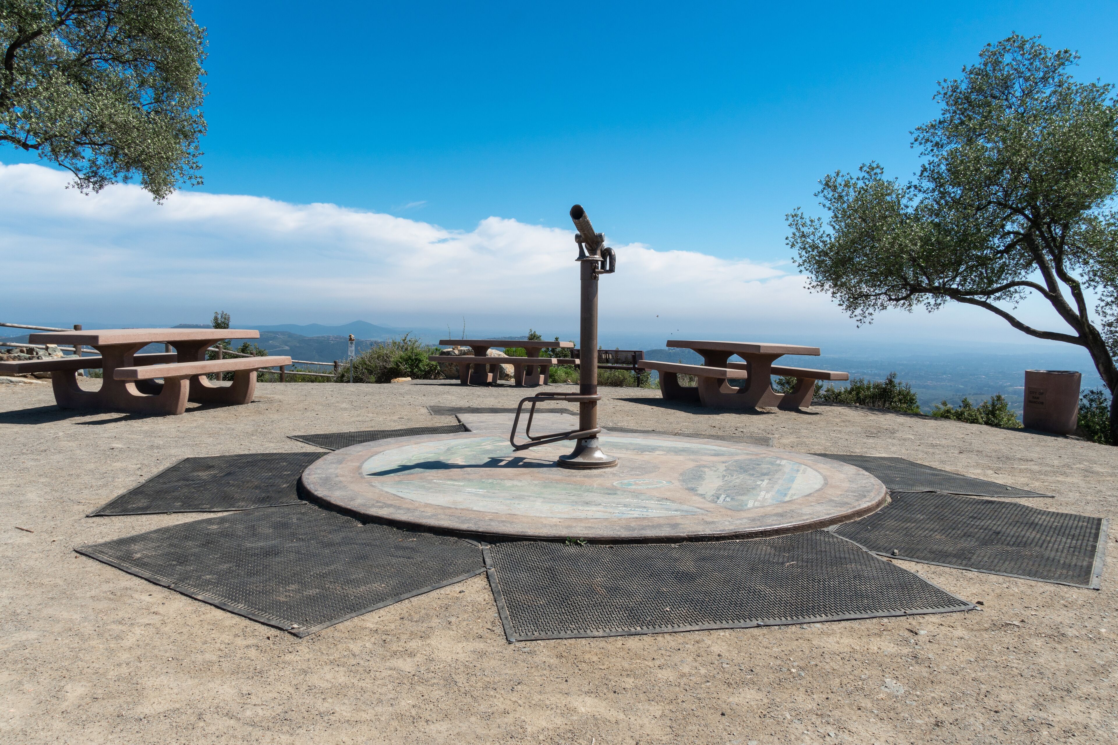 Telescope on the summit of the Double Peak Park in San Marcos. 200 acre park featuring a play area and hiking trails that lead to a summit.