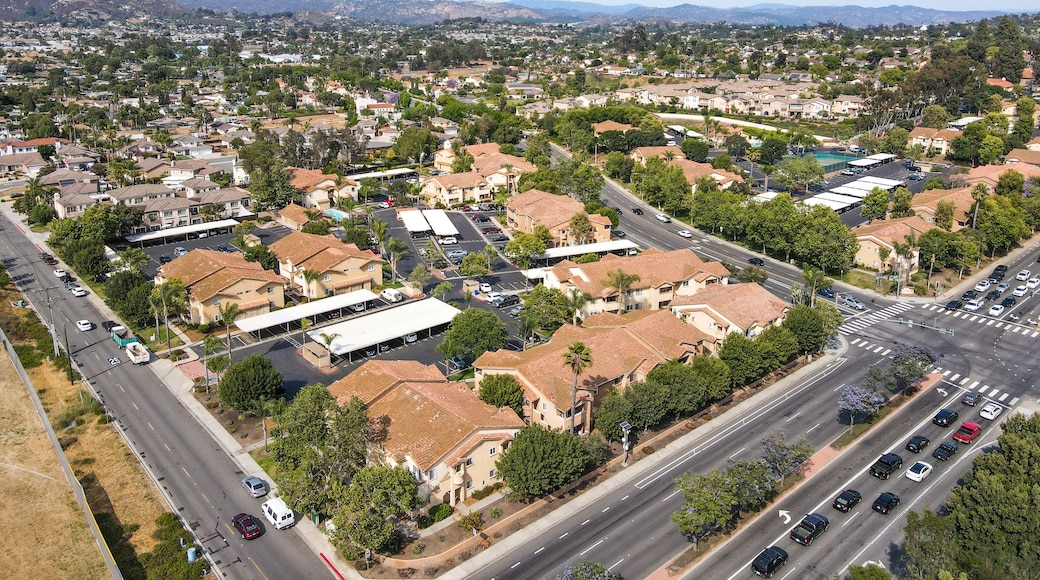 Aerial view of San Marcos neighborhood with houses and street during sunny day, California, USA.