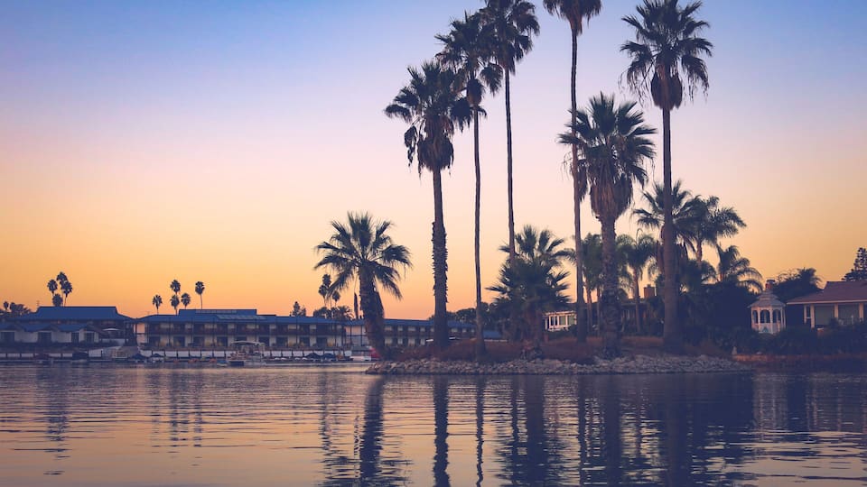 Sunset time in Lake San Marcos, North County, CA. Great reflections over the lake and the sky is in blue and orange colour with high palm tree silhouettes. Reflections are in focus only.
