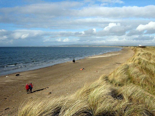 A beach with sand dunes, a lighthouse in the distance, and a few people walking.