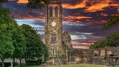 A historic stone tower with a clock, surrounded by trees and ruins under a dramatic sunset sky.
