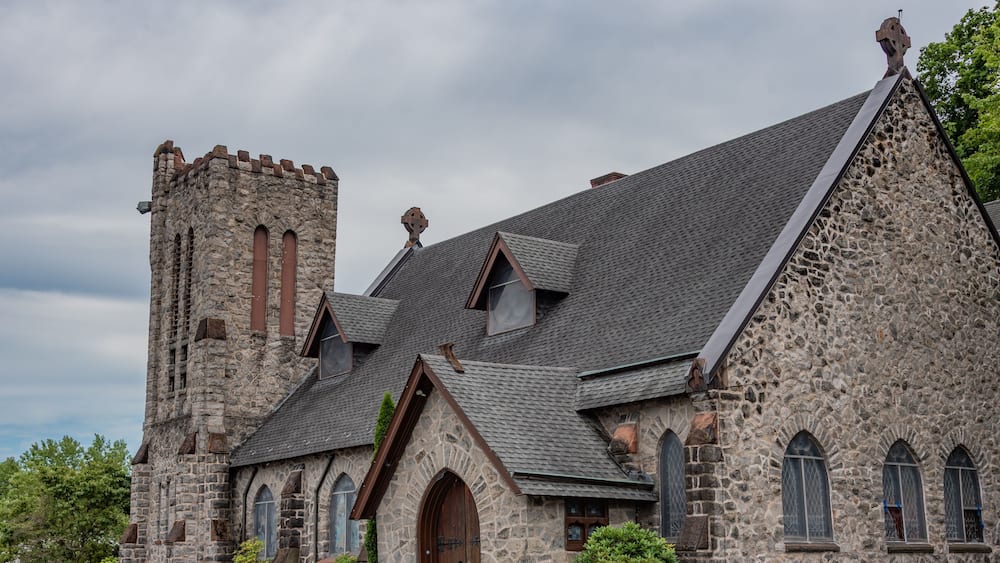 Historic Stone Church in Shamokin PA on a Cloudy Summer Day