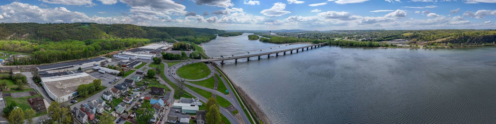 Aerial landscape of Susquehanna River Valley in Sunbury rural Appalachia Central Pennsylvania