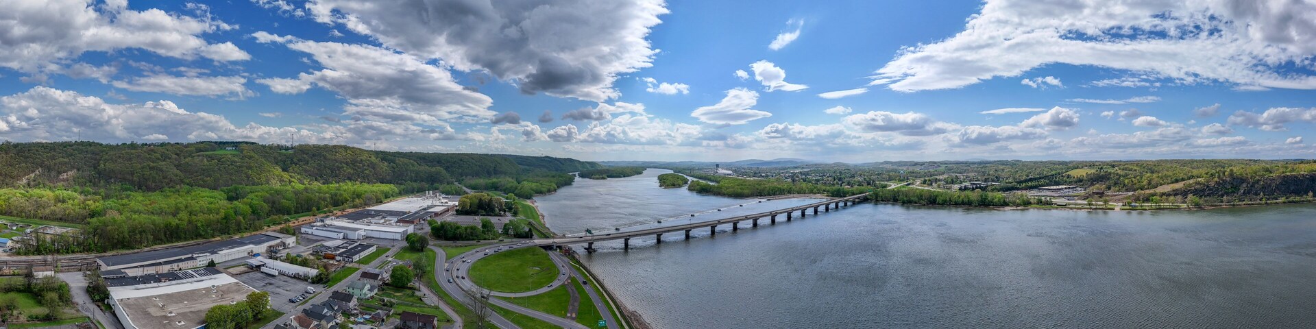 Aerial landscape of Susquehanna River Valley in Sunbury rural Appalachia Central Pennsylvania