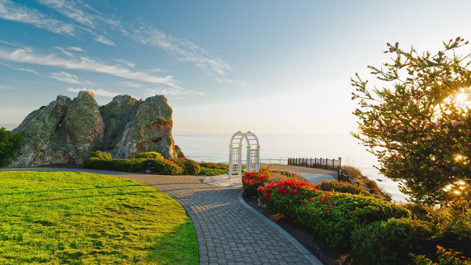 Cliff access walkway at Shell Beach, Pismo Beach area, California Coastline. Beautiful lighting, golden hour, sunset Pacific Coast
