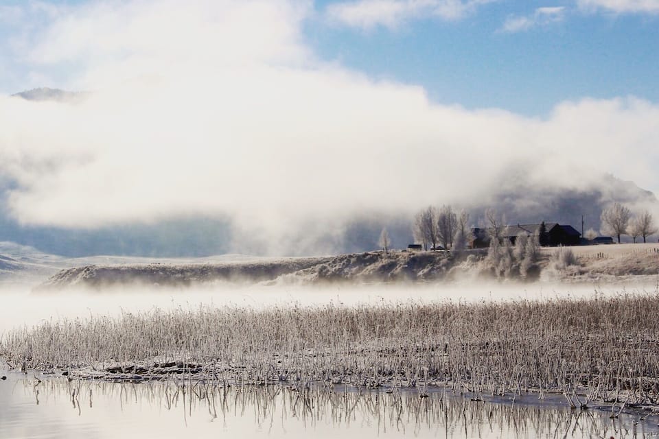 A misty landscape with a calm body of water reflecting the sky and vegetation.