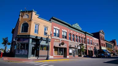 A street with historic buildings, including a shop named 'Lynnette's Cards & Gifts' and another with 'Giller Antiques'.