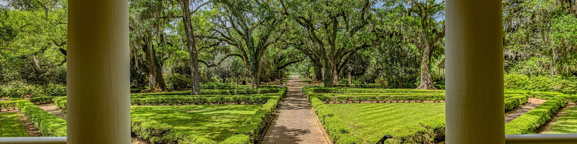 A garden with a paved walkway, surrounded by neatly trimmed hedges and trees.