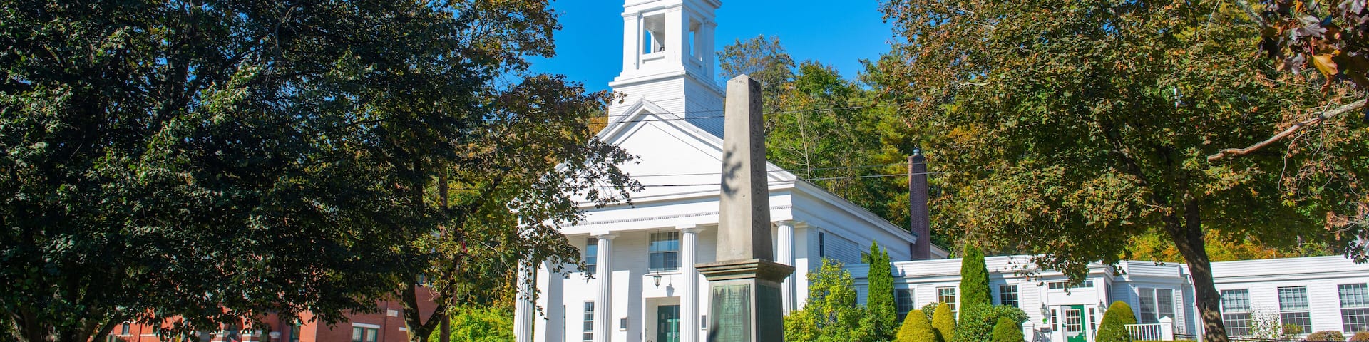 First Church in Sterling at 6 Meetinghouse Hill Road in historic town center of Sterling, Massachusetts MA, USA.