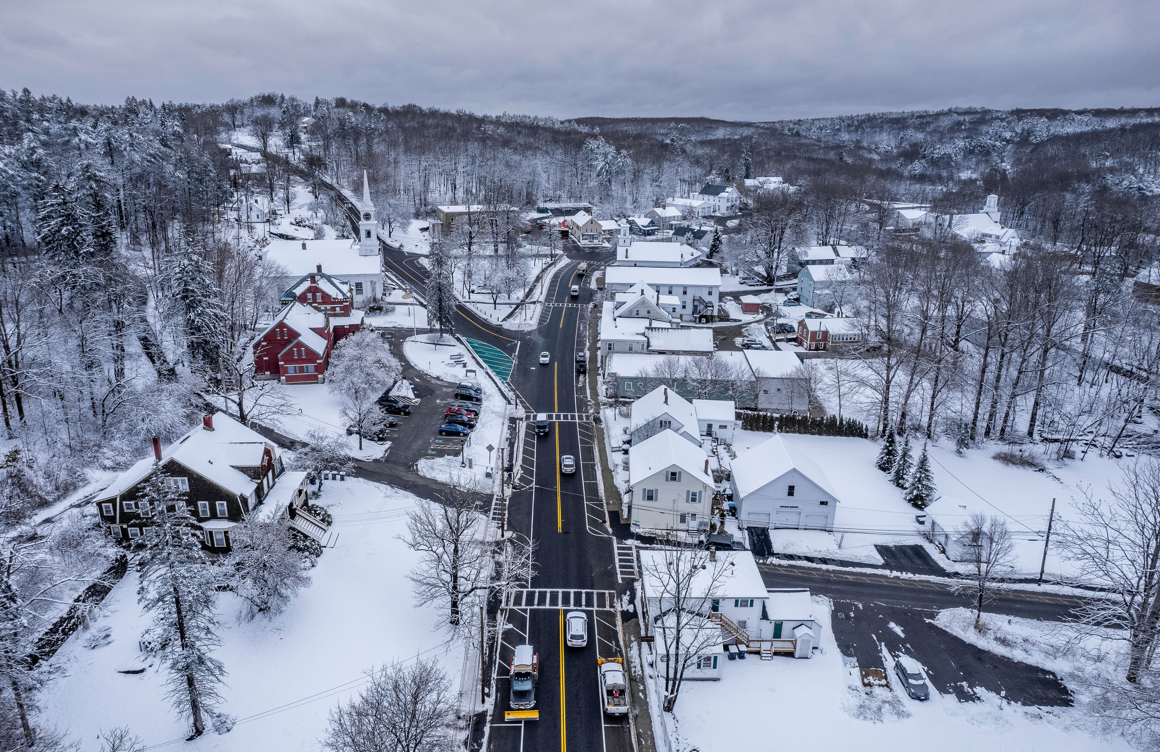 Aerial view of Sterling, Massachusetts in winter 