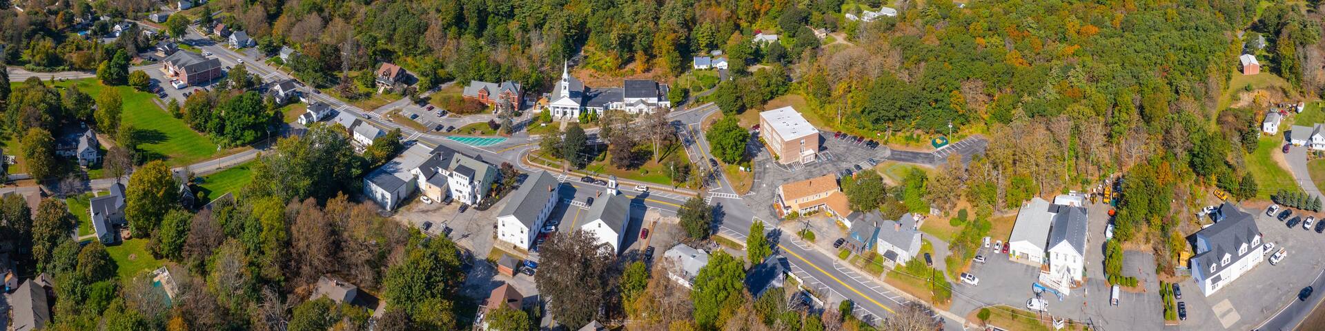 Sterling historic town center aerial view including Conant Free Public Library, Town Hall and First Church at Town Common, Sterling, Massachusetts MA, USA.
