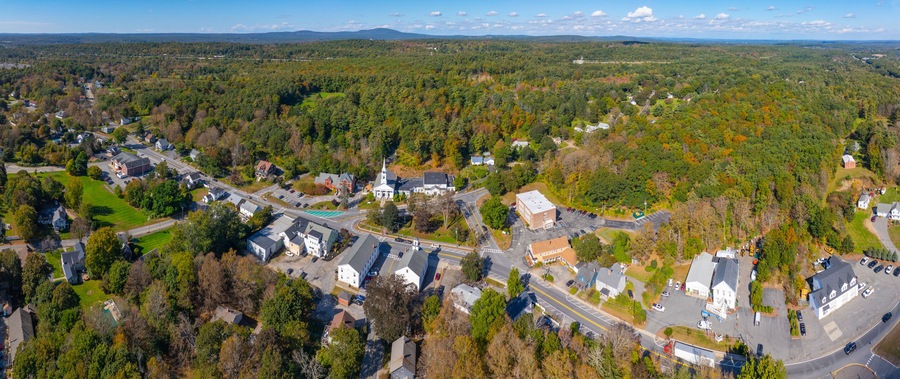Sterling historic town center aerial view including Conant Free Public Library, Town Hall and First Church at Town Common, Sterling, Massachusetts MA, USA.