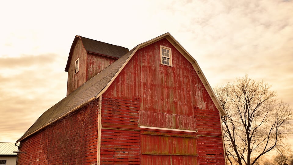 A red barn with a sloped roof and a small window.