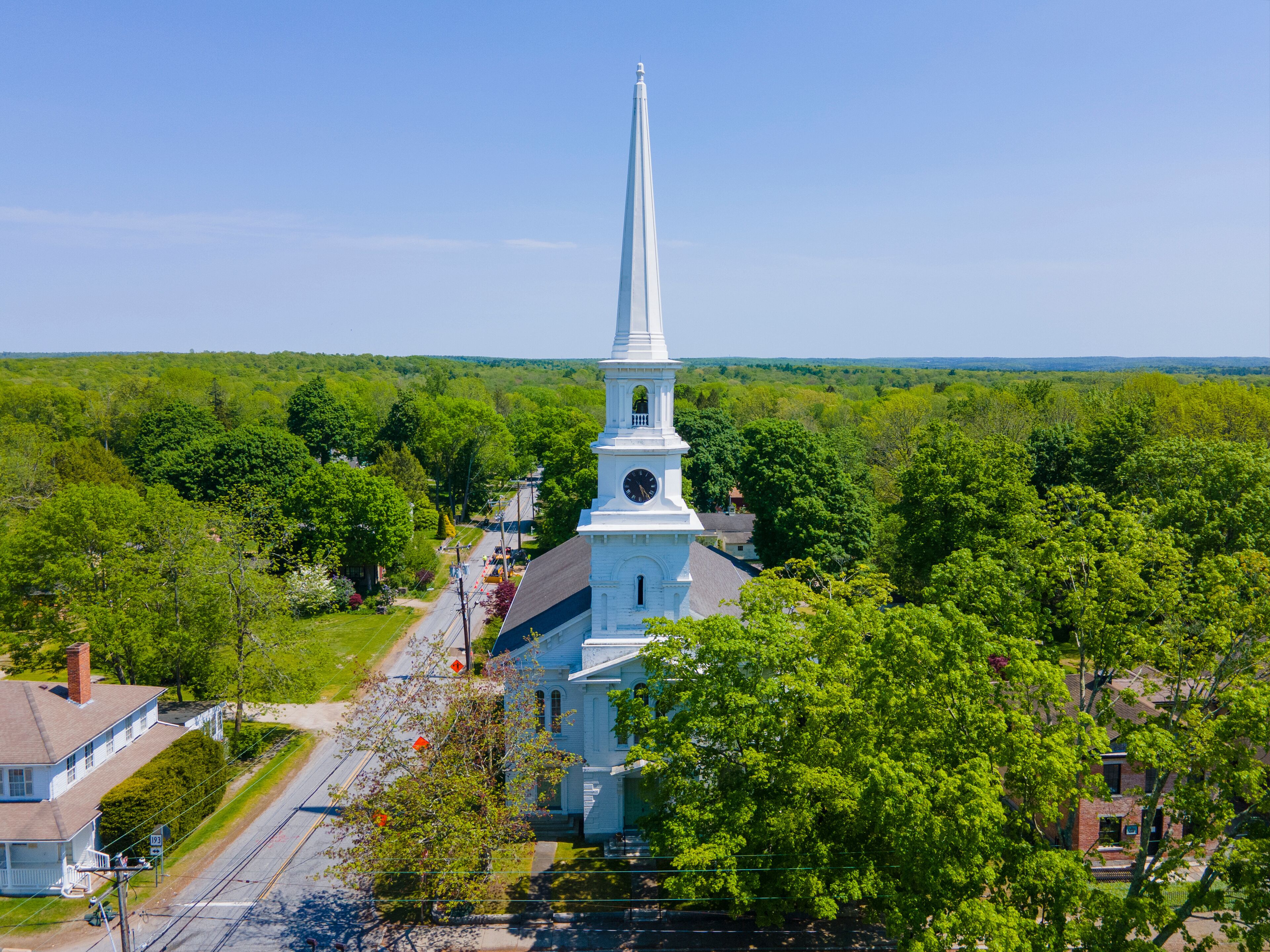 Thompson Hill Historic District aerial view including Congregational church and town common in Thompson Hill village, Thompson, Connecticut CT, USA. 