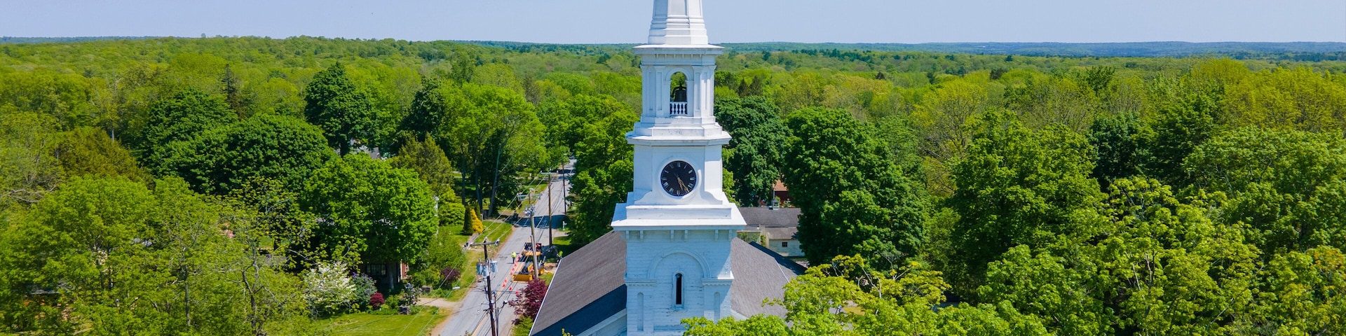 Thompson Hill Historic District aerial view including Congregational church and town common in Thompson Hill village, Thompson, Connecticut CT, USA.