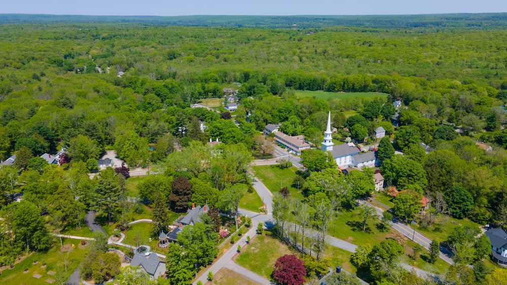Thompson Hill Historic District aerial view including Congregational church and town common in Thompson Hill village, Thompson, Connecticut CT, USA.
