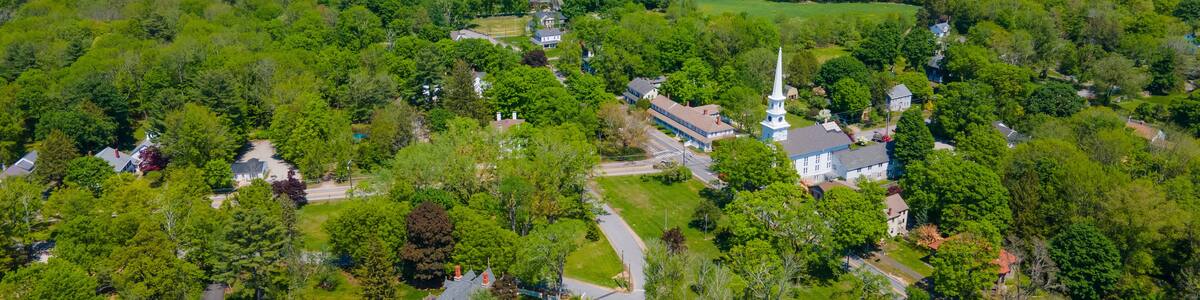 Thompson Hill Historic District aerial view including Congregational church and town common in Thompson Hill village, Thompson, Connecticut CT, USA.