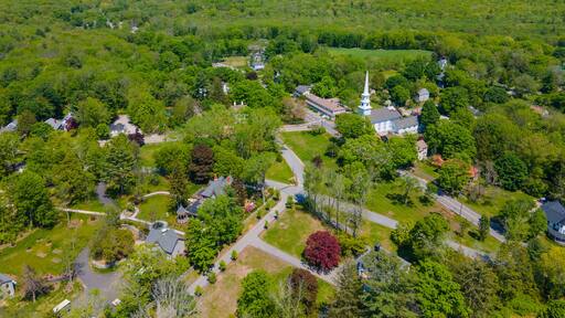 Thompson Hill Historic District aerial view including Congregational church and town common in Thompson Hill village, Thompson, Connecticut CT, USA.