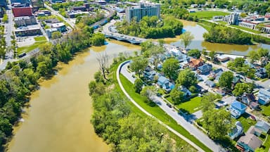 Houses neighborhood near downtown city area aerial with three rivers intersecting