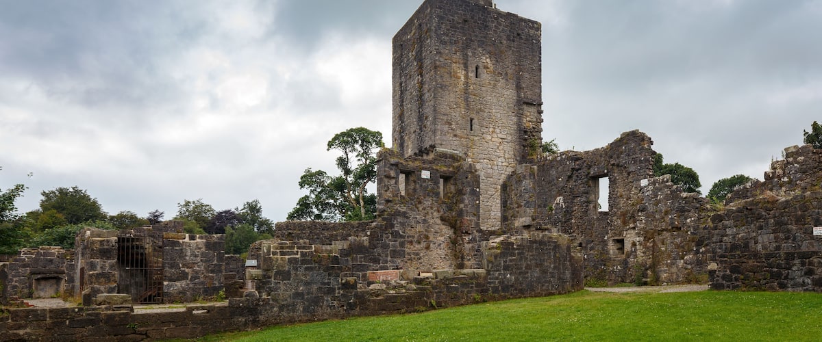 A historic stone tower with a flag, surrounded by ruins and greenery.
