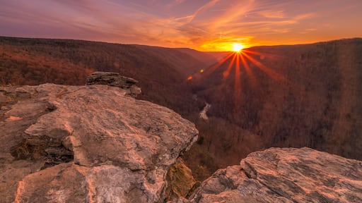 USA, West Virginia, Blackwater Falls State Park. Sunset over rocks and forest.