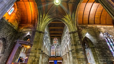Interior de catedral com arquitetura gótica, vitrais e um lustre central.