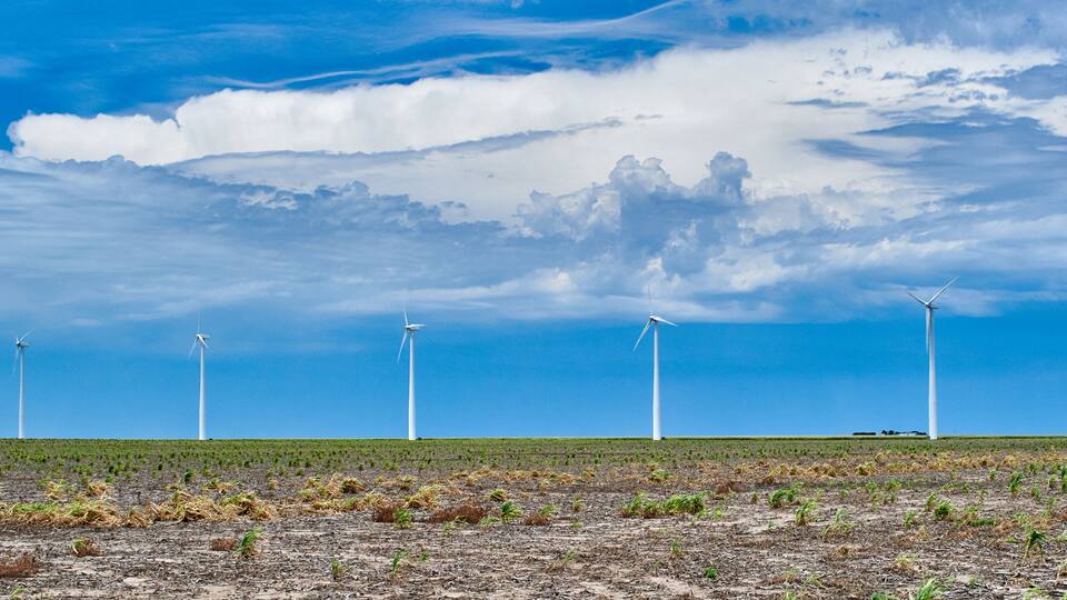 A wind farm with multiple wind turbines in a field under a partly cloudy sky.
