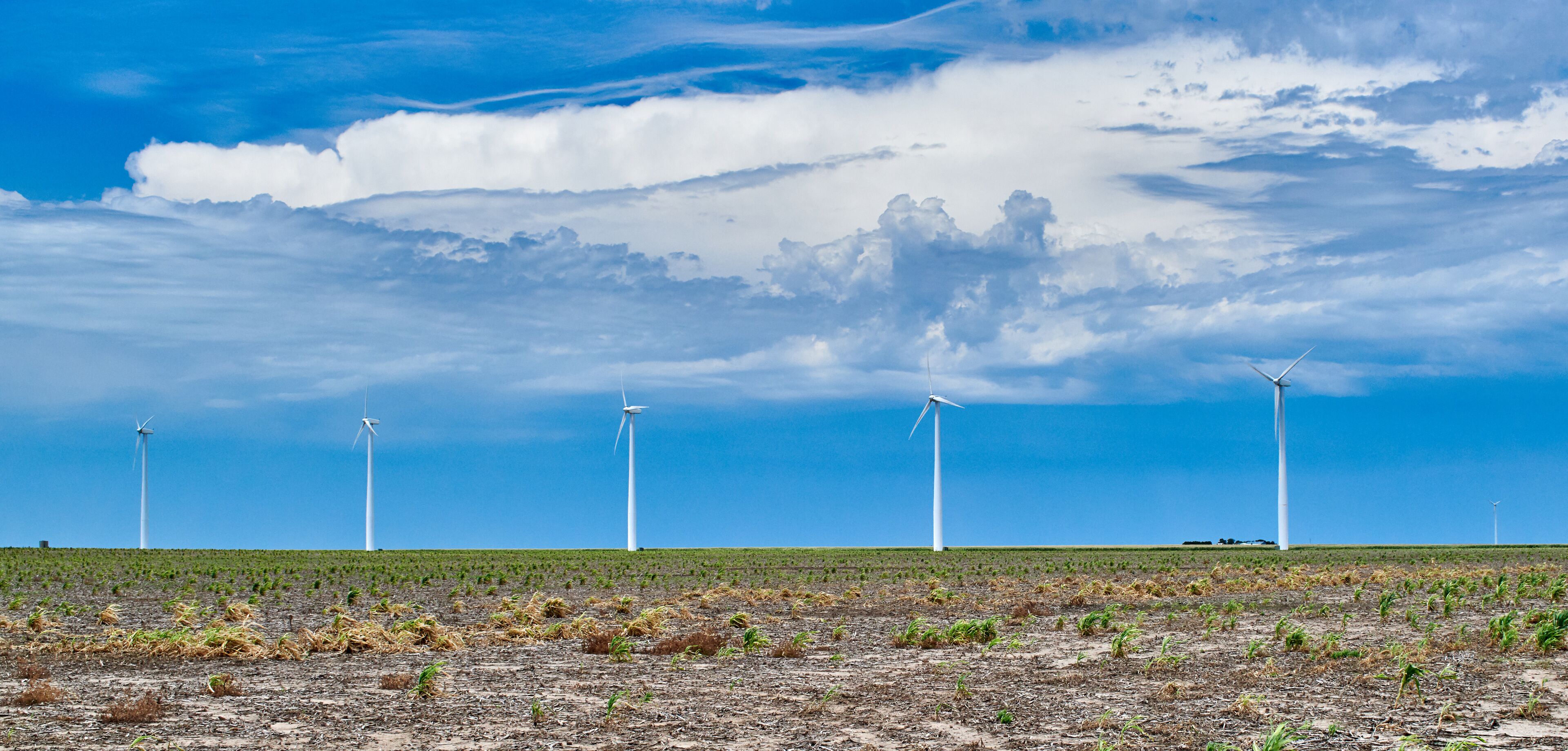 A wind farm with multiple wind turbines in a field under a partly cloudy sky.