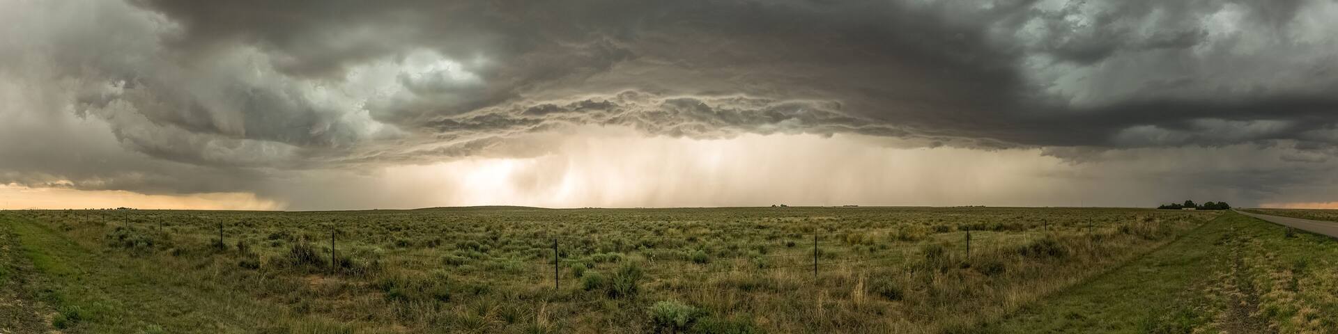 Panorama of a severe thunderstorm over the Black Mesa Park at the border of Oklahoma and New Mexico