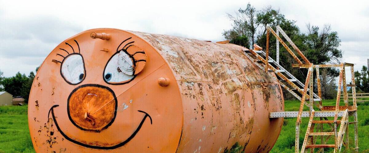 A large orange cylindrical structure with a smiling face and eyes, surrounded by green grass and a metal ladder.