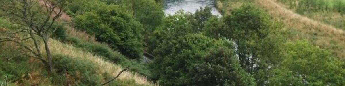 The Tweed near Cardrona. The A72 road is squeezed between the river and the steep bank on the left, with the line of an old railway and a golf course on the right.