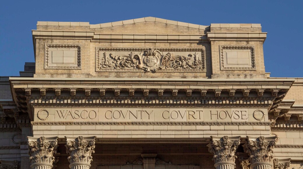 The Dalles, Oregon, USA - 24 June, 2023: Wasco County Courthouse Close Up of Name