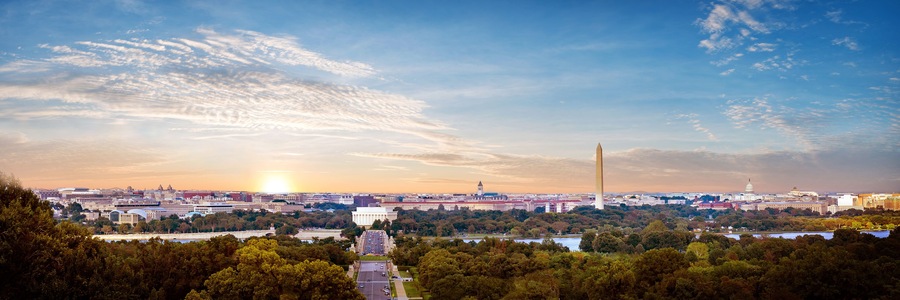 Panorama view of Washington DC skyline when sunset seen from Arlington cemetery, Washington DC, USA.
