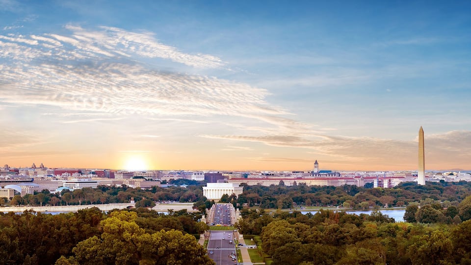 Panorama view of Washington DC skyline when sunset seen from Arlington cemetery, Washington DC, USA.
