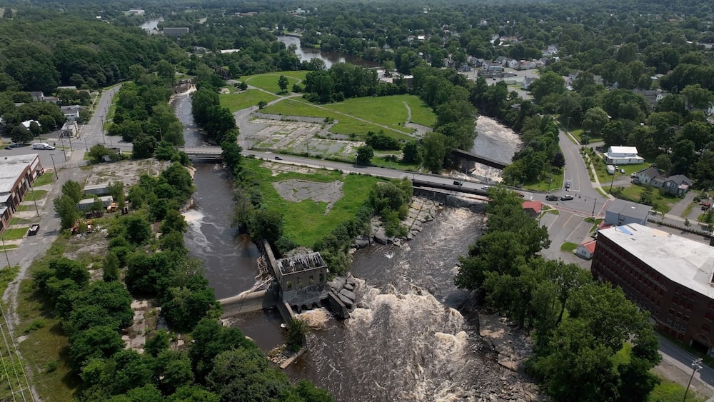 Old abandoned ruin architecture of mill dam on the Black River in Watertown, NY