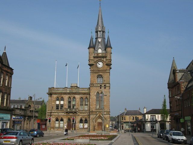 Renfrew Town Hall Grade 1 listed building in the Gothic Revival Style situated at the end of High Street.