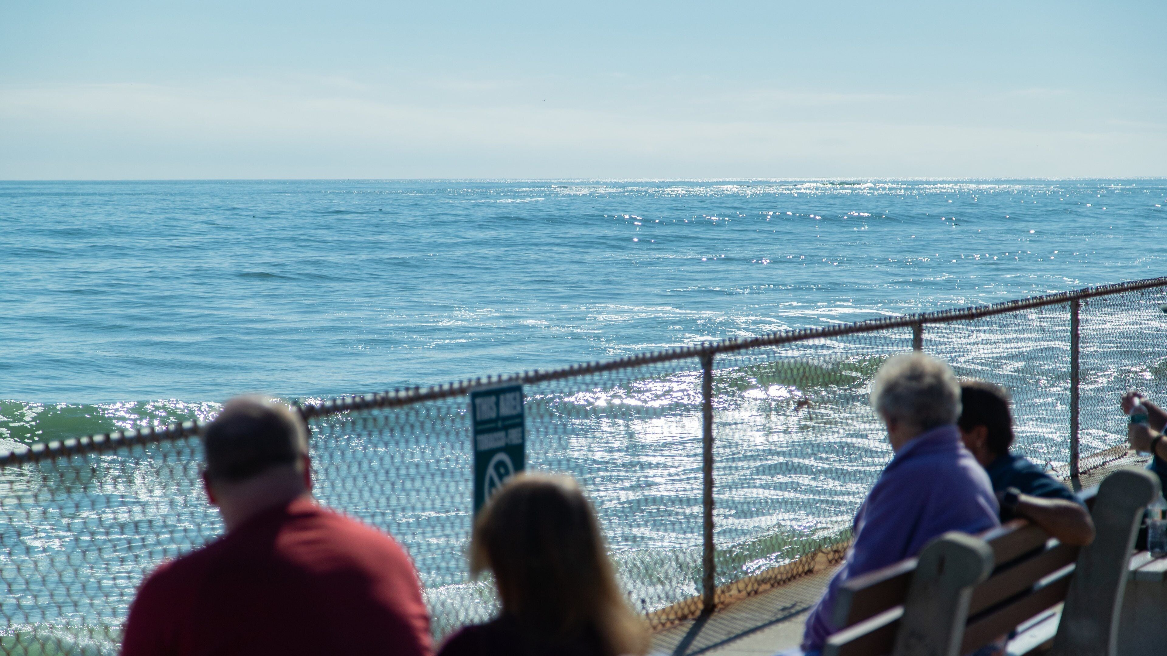A coastal view with a fence and people watching the sea.