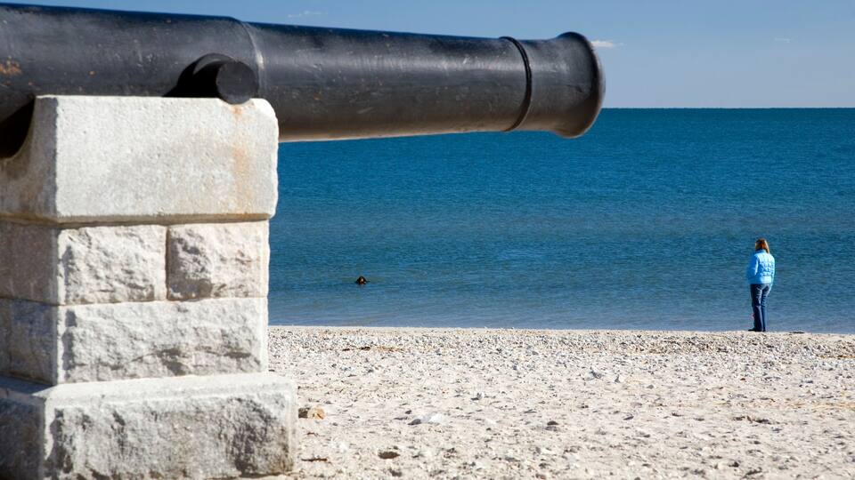 A cannon on a stone pedestal by the sea with a person standing in the background.