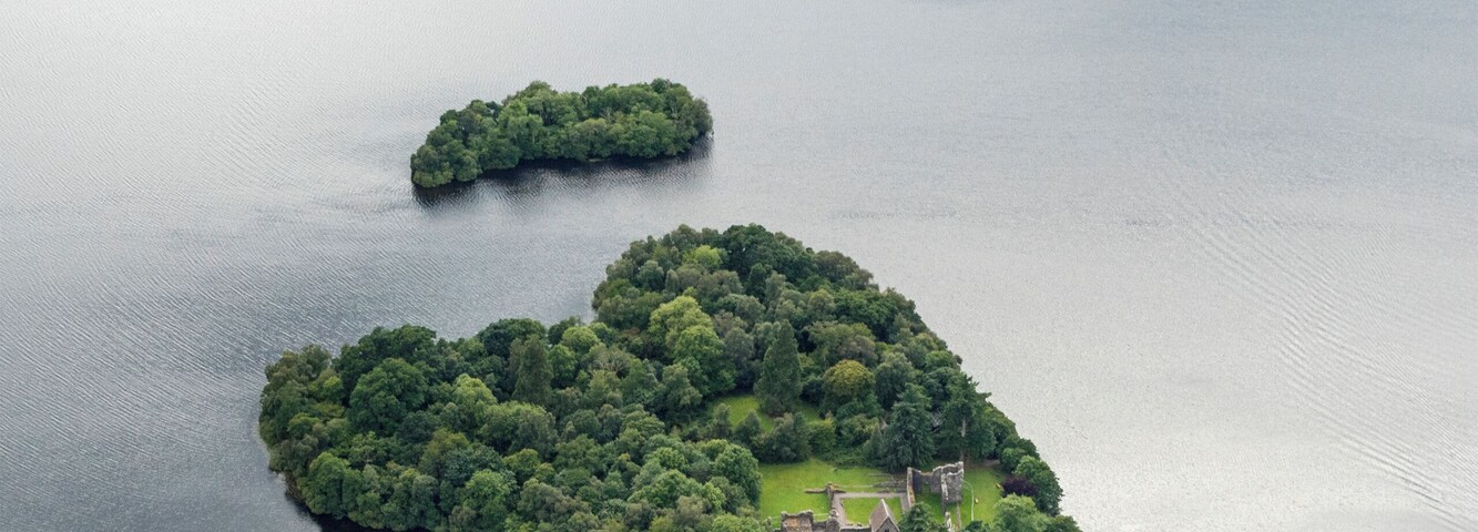 Aerial view of Inchmahome Priory, Inchmahome Island, Lake of Menteith, near Stirling, Scotland